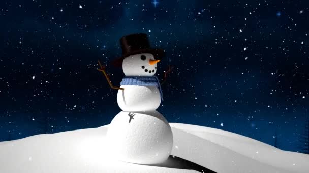 Hó hullik a hóember felett a téli tájon a kék ragyogó csillagok ellen az éjszakai égen. karácsonyi ünnepség és ünnepség koncepció
