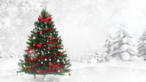 Snow Falling Christmas Tree Multiple Snow Covered Trees Winter Landscape — Stock Video