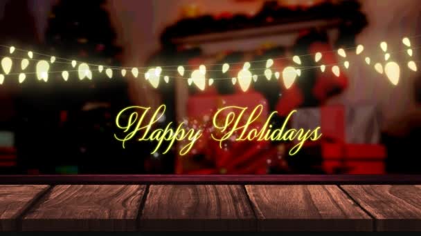 Animation Fairy Lights Happy Holidays Text Wooden Boards Christmas Winter — Stock Video