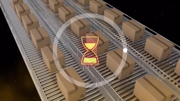 Animace Zpracování Dat Přes Lepenkové Krabice Pásových Dopravnících Globální Lodní — Stock video