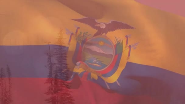 Animacja Zimowej Sprzedaży Tekst Krajobraz Nad Machającą Flagą Ecuador Globalna — Wideo stockowe