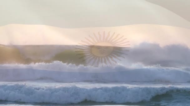 Animación Bandera Argentina Ondeando Sobre Olas Mar Viajes Vacaciones Patriotismo — Vídeos de Stock