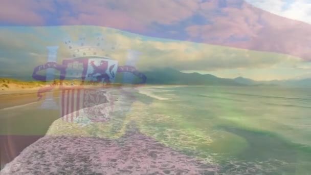Animation Der Spanischen Flagge Die Über Der Strandlandschaft Weht Reisen — Stockvideo