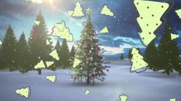 在冬季的风景中 多棵圣诞树的图标在降雪的情况下飘落在圣诞树上 圣诞节的庆祝和庆祝概念 — 图库视频影像