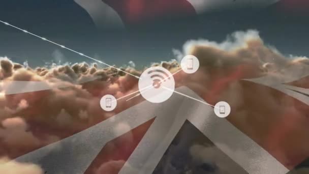Animação Rede Conexões Ícones Com Sobre Bandeira Reino Unido Nuvens — Vídeo de Stock