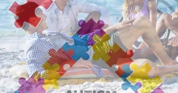 Animation Colourful Puzzle Pieces Autism Text Happy Friends Summer Beach — Stock Video