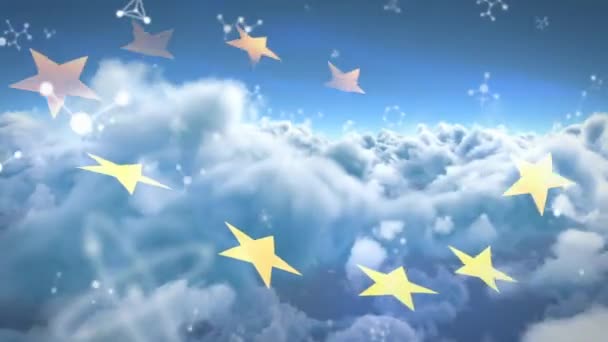 在飘扬的旗帜和多云的天空上移动的分子的动画 医学研究 通信和数字接口技术概念 — 图库视频影像