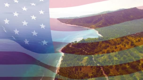 Animation Drapeau Des États Unis Soufflant Sur Paysage Marin Voyage — Video