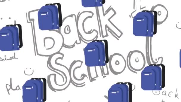 Animação Linhas Mochilas Livros Com Volta Texto Escola Fundo Branco — Vídeo de Stock