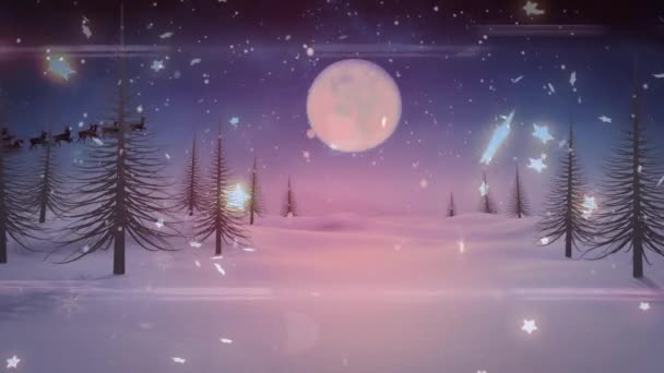 Noel Baba Nın Kızakta Olduğu Kış Manzarasının Animasyonu Noel Kış — Stok video
