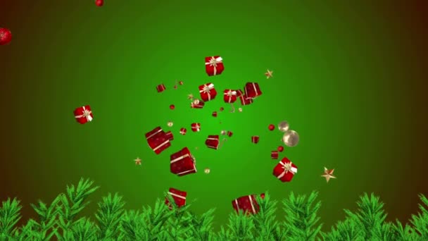 Animación Regalos Que Caen Sobre Ramas Abetos Sobre Fondo Verde — Vídeo de stock