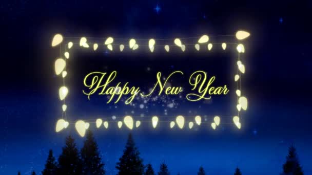 Gelukkig Nieuwjaarsbericht Geel Gloeiende Elfenlichtjes Tegen Bomen Stralende Sterren Aan — Stockvideo