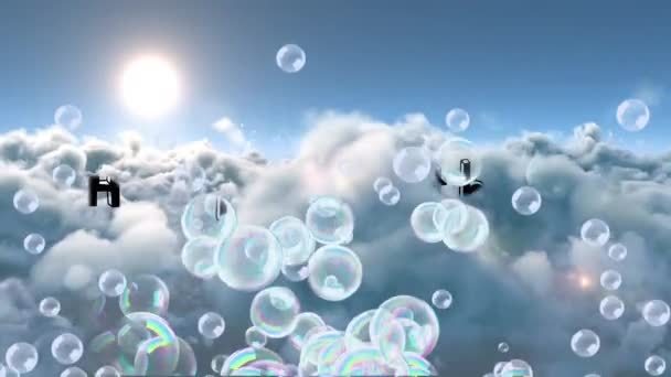 曇り空の上で幸せな誕生日のテキストと石鹸泡のアニメーション 誕生日パーティーやお祝いのコンセプトデジタル生成ビデオ — ストック動画