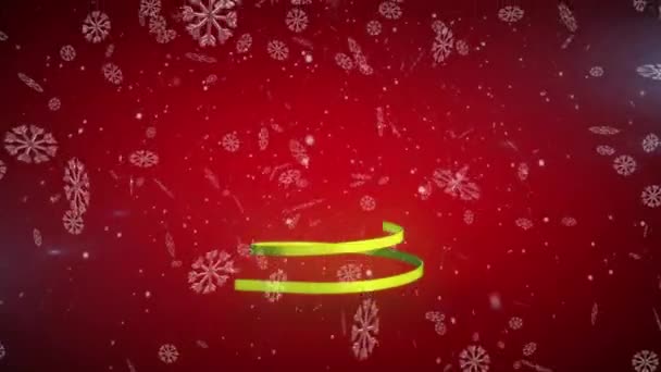 Animace Vánočního Stromku Žlutou Stuhou Padajícím Sněhem Vánoční Tradiční Slavnostní — Stock video