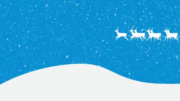 Animation Santa Claus Sleigh Reindeer Moving Snow Falling Blue Background — Stock Video