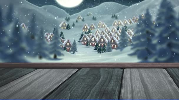 Animación Nieve Cayendo Sobre Paisaje Invernal Superficie Tablero Madera Navidad — Vídeo de stock
