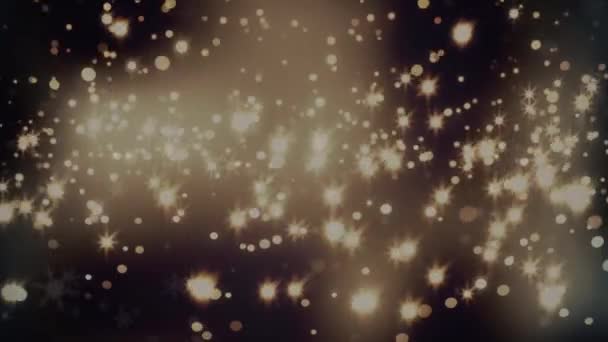 Animation Von Schneeflocken Und Glühend Gelben Flecken Auf Schwarzem Hintergrund — Stockvideo