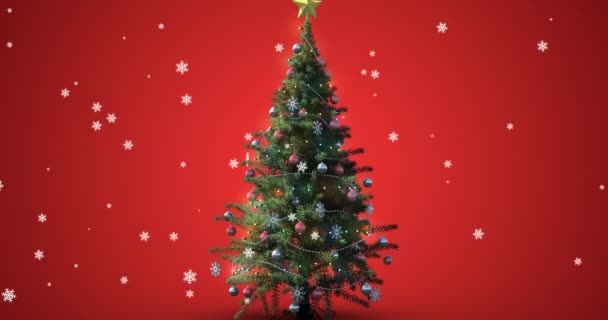 Animation Von Schnee Der Über Den Weihnachtsbaum Auf Rotem Hintergrund — Stockvideo