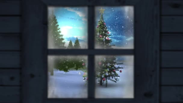 圣诞圣诞树和冬季风景的窗户景观动画 窗景动画及圣诞装饰品 — 图库视频影像