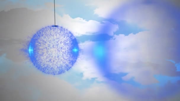 Hanging Blue Bauble Decorations Clouds Blue Sky Christmas Festivity Celebration — Stock Video