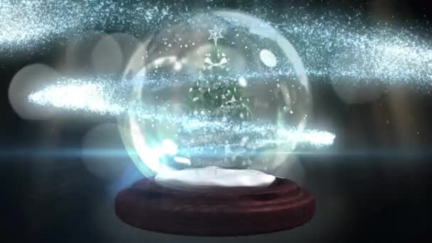Blaue Sternschnuppe Einen Weihnachtsbaum Einer Schneekugel Vor Lichtflecken Auf Grauem — Stockvideo