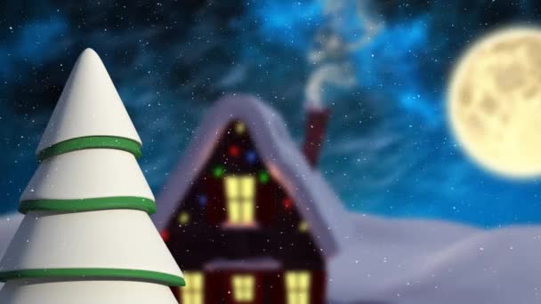 Animación Paisajes Invernales Con Casa Decorada Sobre Fondo Azul Navidad — Vídeos de Stock