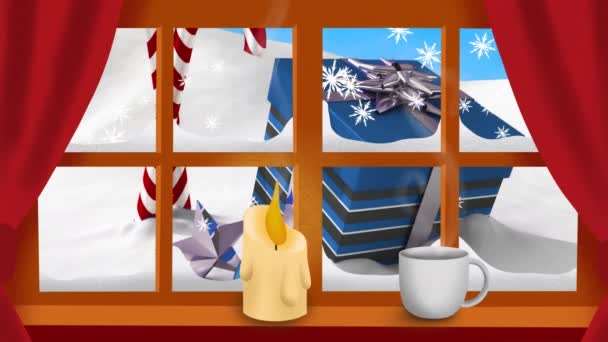 Animation Von Schnee Der Über Weihnachtsgeschenk Hinter Fenster Fällt Weihnachten — Stockvideo