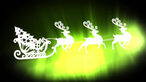 Christmas Tree Sleigh Being Pulled Reindeers Green Spot Light Black — Stock Video