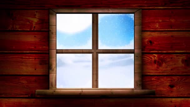 Анімація Санта Клауса Санчатах Оленями Зимових Пейзажах Видно Через Вікно — стокове відео
