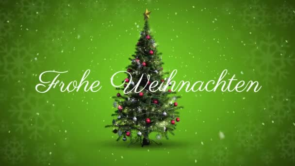 Frohe Weihnachten Text Und Schnee Fallen Gegen Schneeflocken Auf Grünem — Stockvideo