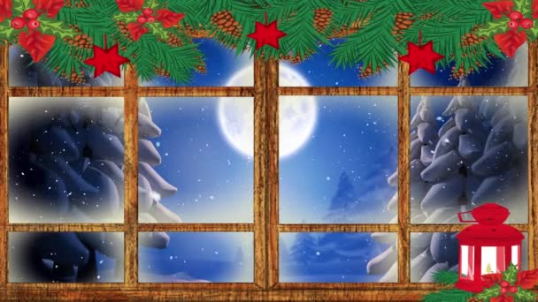 Анимация Снега Падающего Санта Клауса Санях Северными Оленями Луной Увиденными — стоковое видео