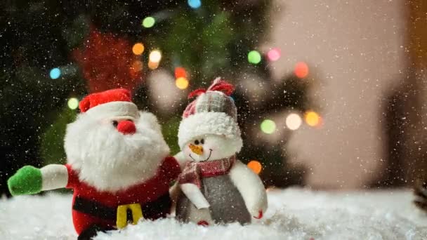 Snow Falling Santa Claus Snowman Spots Light Christmas Festivity Celebration — Stock Video