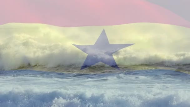 Animation Flag Ghana Waving Crashing Waves Sea Patriotism Independence Celebration — Stock Video