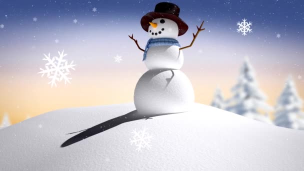 Snowflakes Falling Snowman Winter Landscape Gradient Background Christmas Festivity Celebration — Stock Video