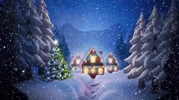 Animación Árbol Navidad Casas Decoradas Nieve Cayendo Paisaje Invierno Navidad — Vídeo de stock