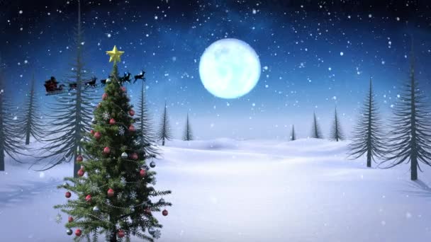 Animatie Van Sneeuw Vallen Kerstman Slee Met Rendieren Kerstboom Kerstmis — Stockvideo