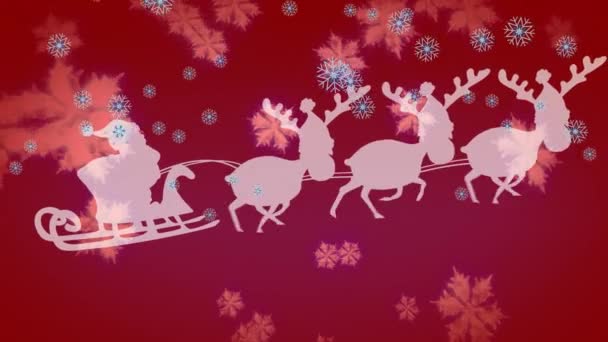 Animace Santa Clause Saních Soby Pohybujícími Přes Padající Sníh Vánoční — Stock video