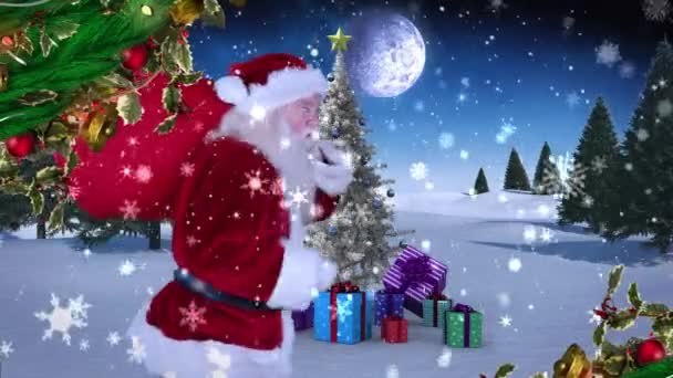 Animace Sněhu Santa Claus Pytlem Dárků Přes Vánoční Stromeček Zimní — Stock video