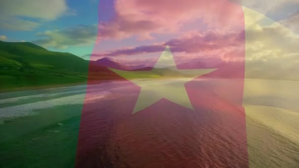 在海景上飘扬的茶花旗的动画 爱国主义和庆祝概念数字制作的录像 — 图库视频影像
