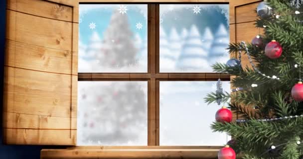 Animation Des Schneefalls Der Winterlandschaft Mit Weihnachtsbaum Aus Dem Fenster — Stockvideo