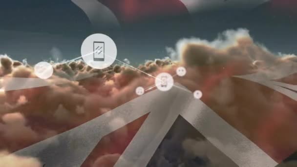 Animación Red Conexiones Con Iconos Sobre Bandera Gran Bretaña Nubes — Vídeo de stock