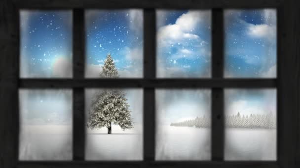 Animazione Vista Finestra Paesaggio Invernale Animazione Finestra Decorazione Natalizia Natale — Video Stock