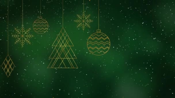 在绿色背景上圣诞装饰品上飘雪的动画 圣诞节 传统和庆祝概念数字制作的视频 — 图库视频影像