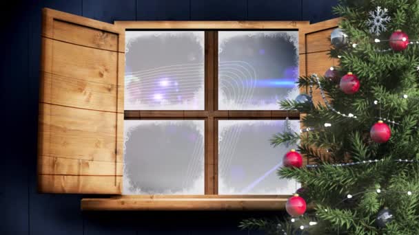 青い背景にデジタル波や光のスポットに対するクリスマスツリーと木製の窓枠 クリスマス フェスティバルとお祝いのコンセプト — ストック動画