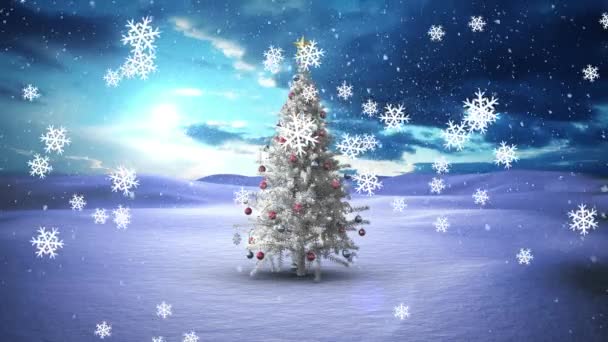 冬の風景の中でクリスマスツリーに降る雪のアニメーション クリスマス 伝統とお祝いのコンセプトデジタルで生成されたビデオ — ストック動画