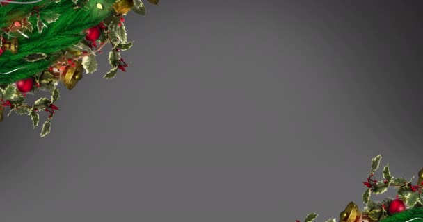 Анимация Ветвей Ели Украшений Сером Фоне Рождество Зима Традиции Празднование — стоковое видео