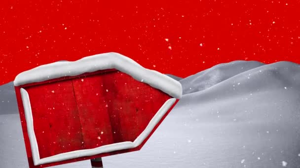 赤を背景に木の看板で冬の風景のアニメーション クリスマス 伝統とお祝いのコンセプトデジタルで生成されたビデオ — ストック動画