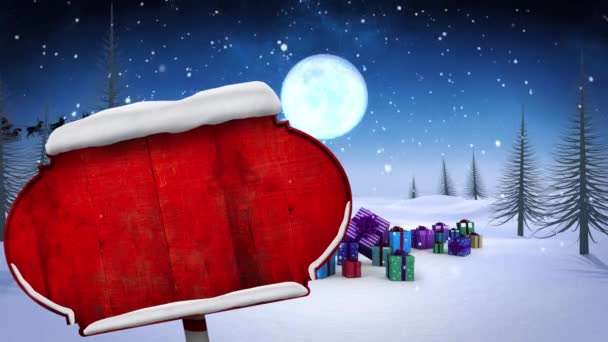 冬の風景の中にコピースペースと空白の木製の看板のアニメーション クリスマス 伝統とお祝いのコンセプトデジタルで生成されたビデオ — ストック動画