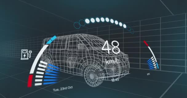 充電池のアイコンと車の上の速度計とのインターフェースのアニメーション エネルギー 燃料技術デジタルインターフェースの概念デジタルで生成されたビデオ — ストック動画