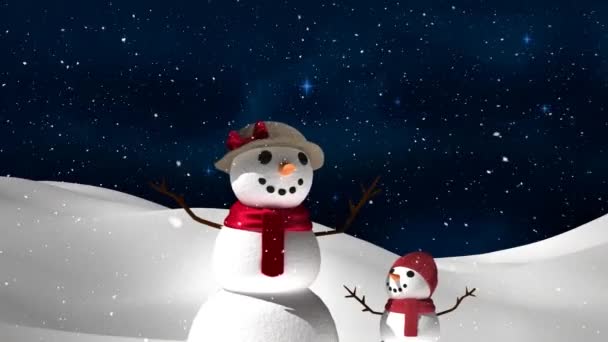 Animación Nieve Cayendo Sobre Dos Muñecos Nieve Paisaje Invernal Navidad — Vídeo de stock